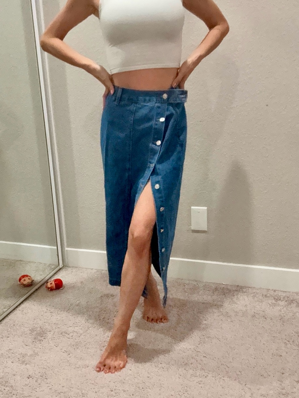 SHEIN Blue Button-Front Denim Midi Skirt with Side Slit